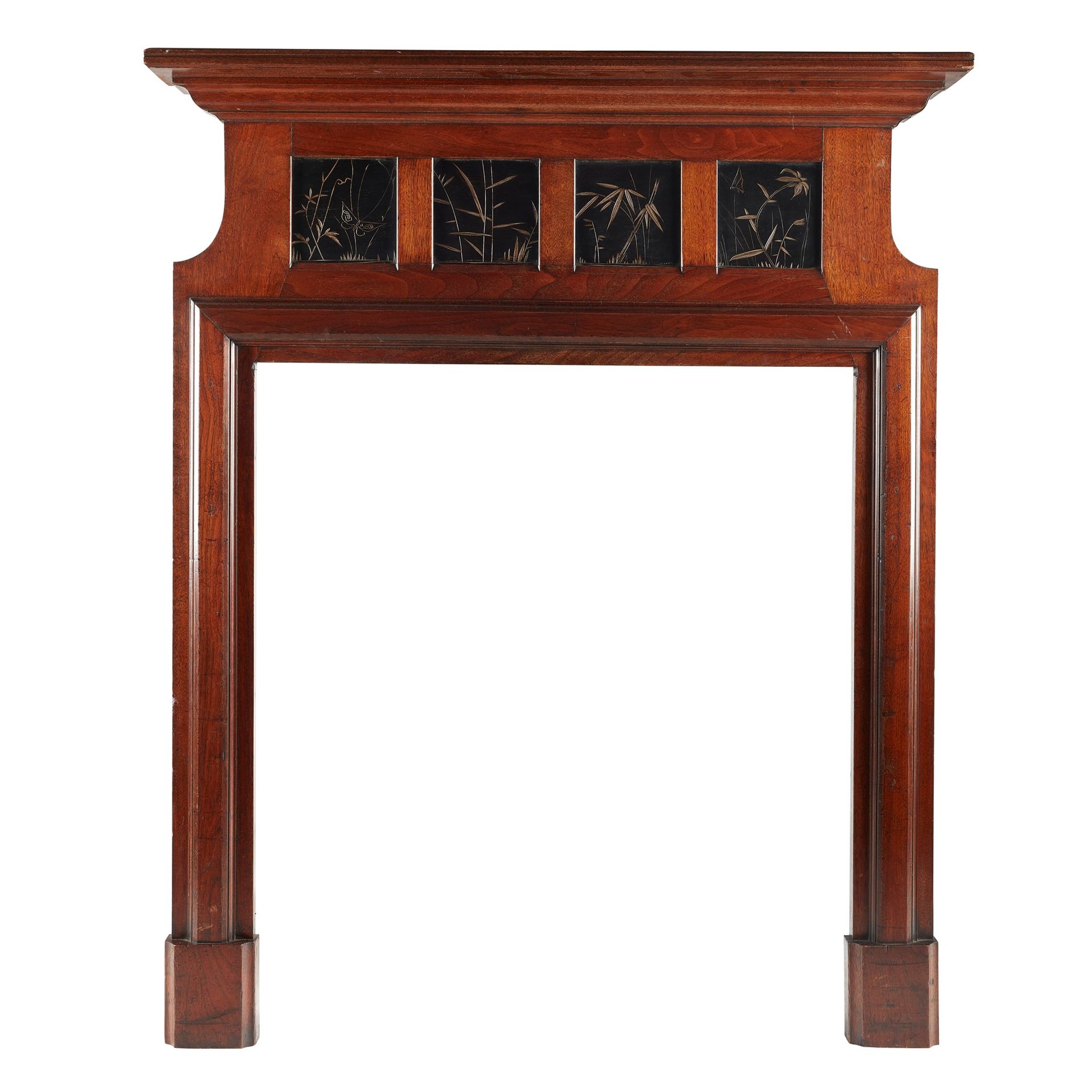 ENGLISH AESTHETIC MOVEMENT FIRE SURROUND, CIRCA 1880 mahogany, inset with four e&hellip;