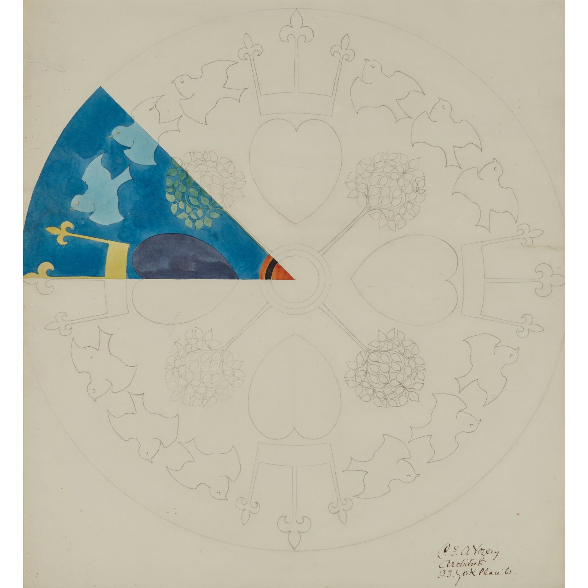 C.F.A. VOYSEY (1857-1941) DESIGN FOR A ROUNDEL WITH HEART, CROWN, BIRD AND TREE &hellip;
