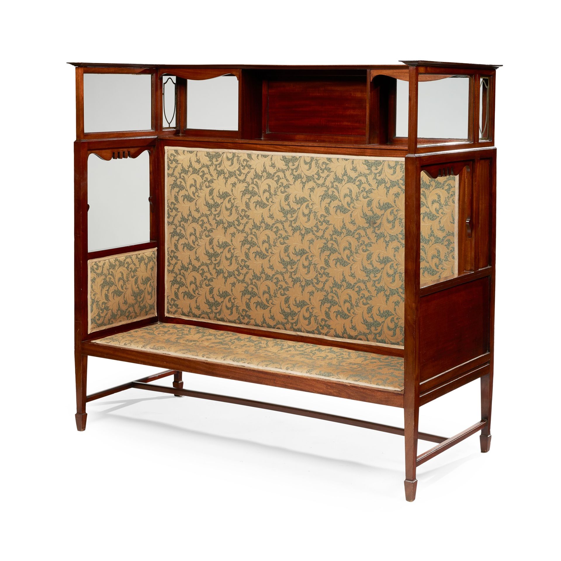 CONTINENTAL ART NOUVEAU SETTLE, CIRCA 1900 mahogany, stained and leaded glass, m&hellip;