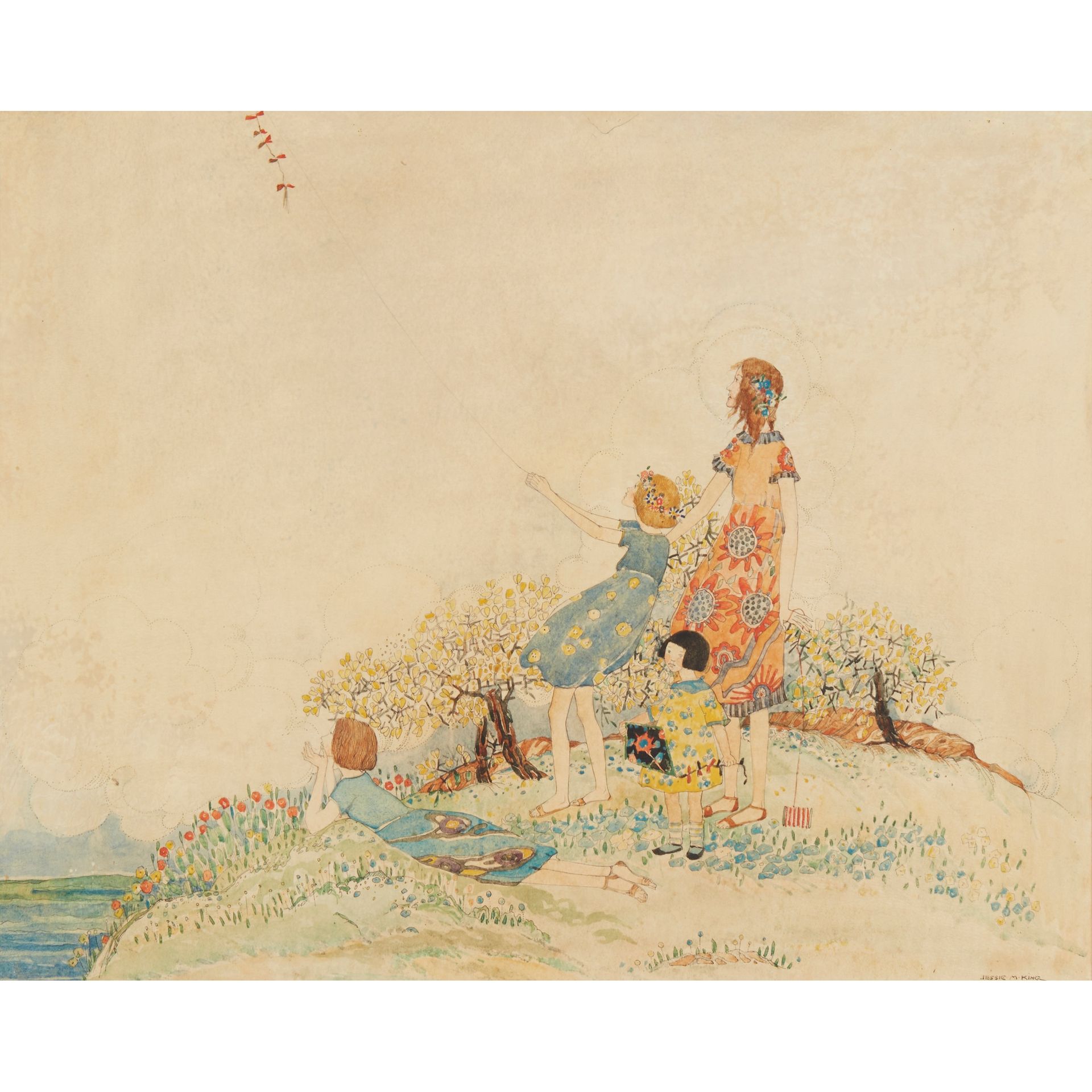 JESSIE MARION KING (1875-1949) FLYING A KITE 纸上钢笔和水彩画，右下角署名JESSIE M. KING (尺寸：34&hellip;