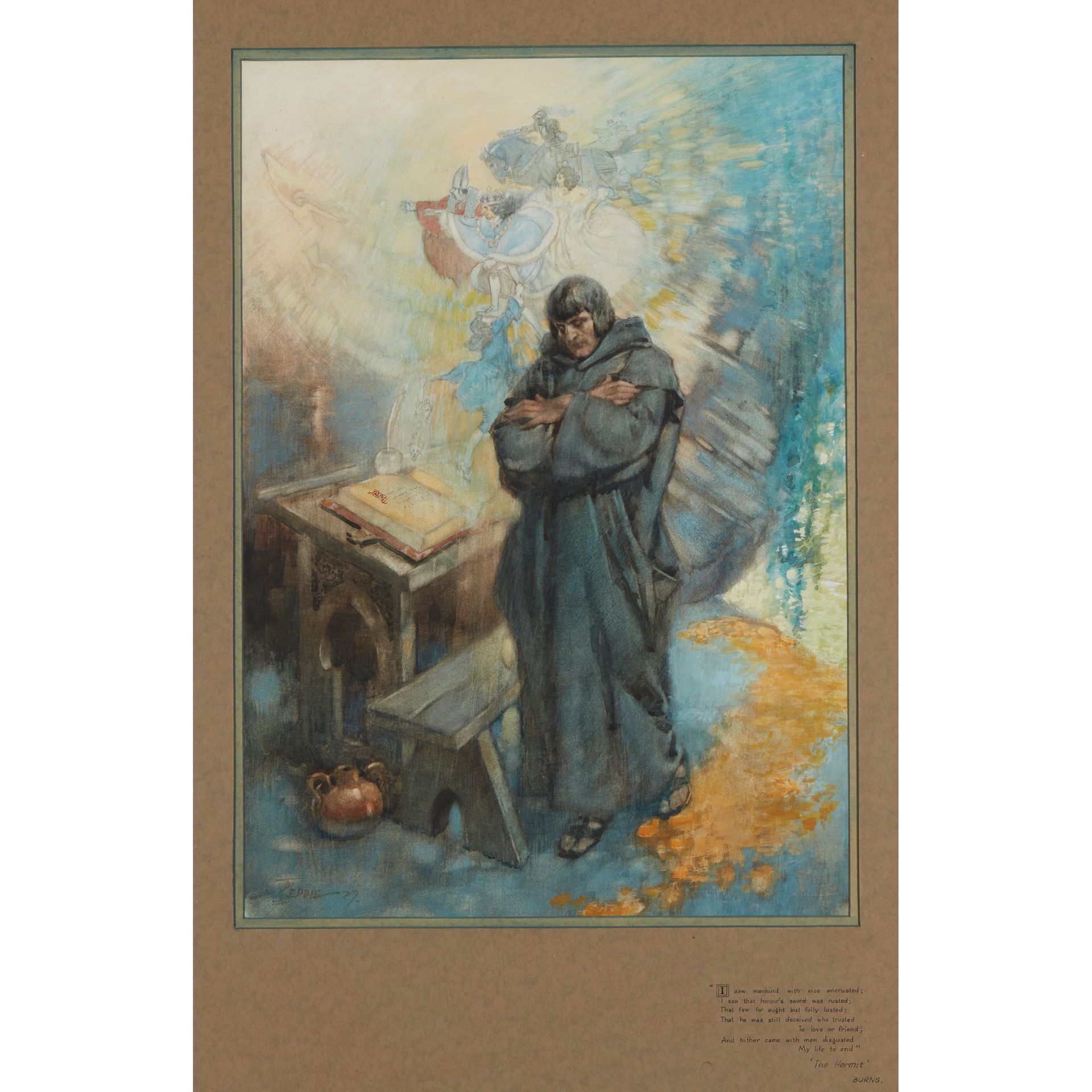 § THOMAS HUTCHISON PEDDIE (1871-1954) THE HERMIT crayon, aquarelle et gouache, s&hellip;