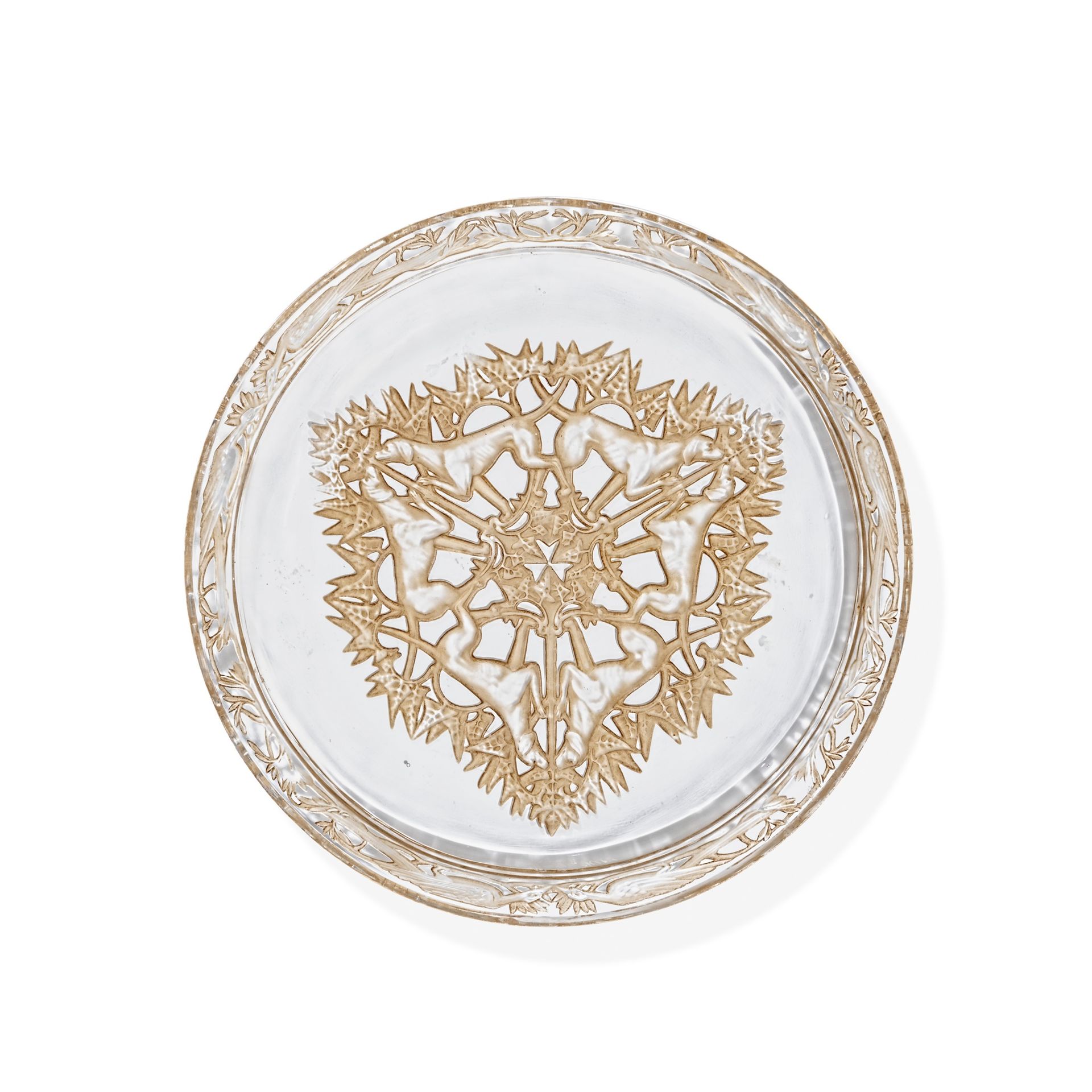 René Lalique (French 1860-1945) CHASSE CHIEN PLATE NO. 3001 设计 1914年 透明，磨砂和深褐色染色&hellip;