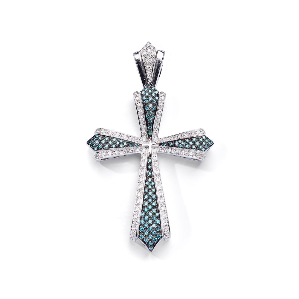 A diamond and coloured diamond cross pendant 锥形尖臂的拉丁十字架，密镶明亮式切割钻石和处理过的蓝钻，镶嵌在白色和黑&hellip;