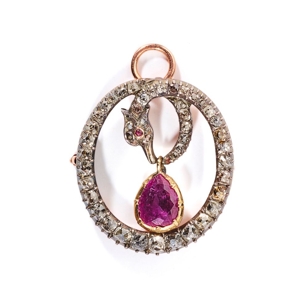 An early 19th century ruby and diamond brooch Ring in Form einer gewundenen Schl&hellip;