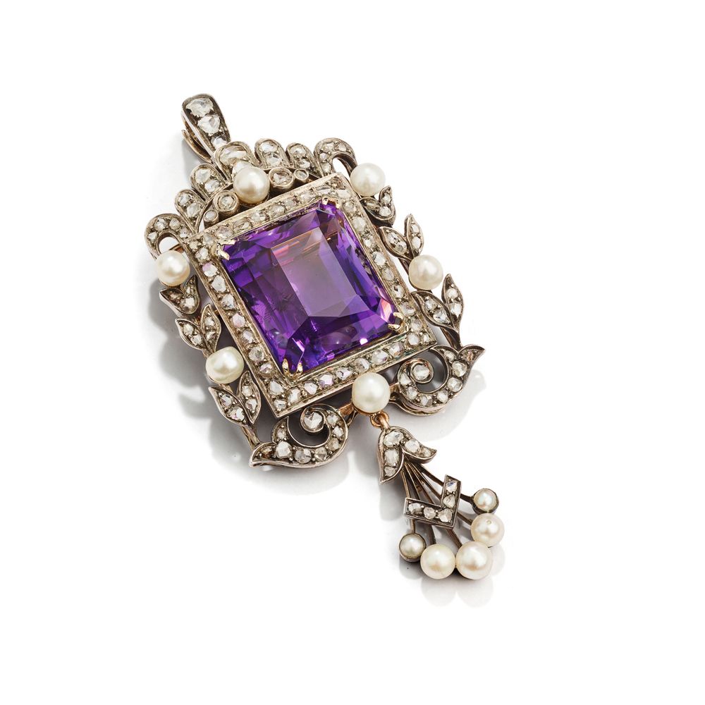 A late 19th century amethyst, pearl and diamond pendant/brooch 在玫瑰式切割钻石框架内的矩形切割紫&hellip;