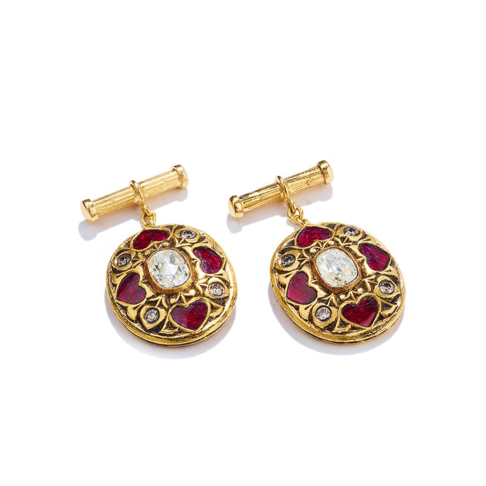 A pair of Indian diamond and enamel cufflinks Each oval panel set with an oval r&hellip;