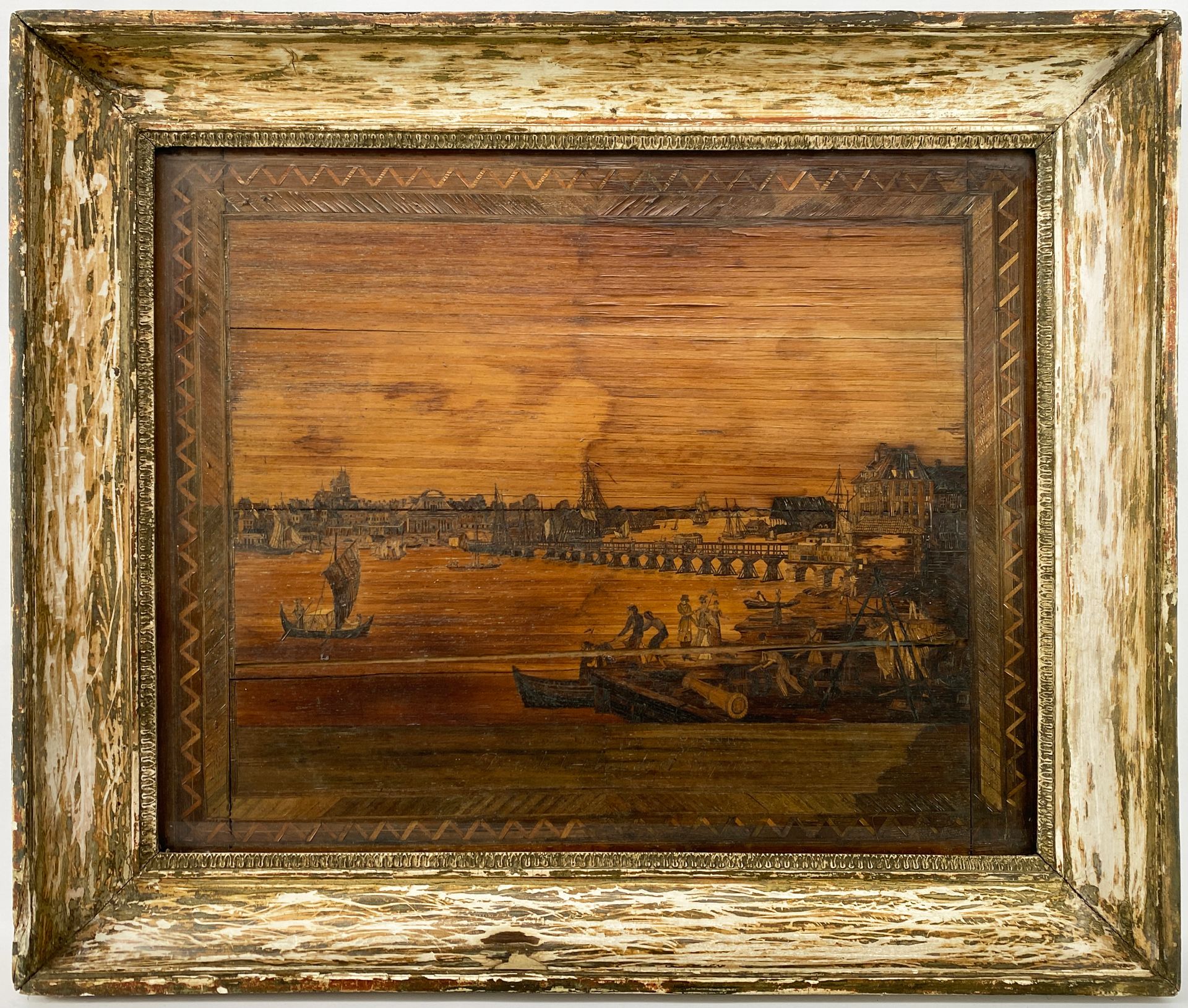 Null 19世纪的作品

"巴约纳港的景色

木质镶嵌画。

H.43厘米

长：53厘米