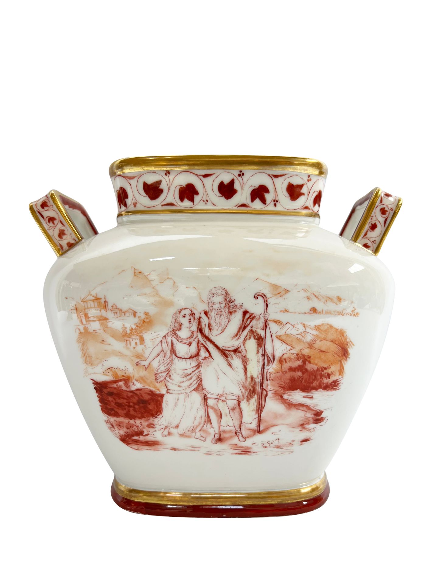 Null 巴黎（？），19世纪
瓷制花瓶，脚跟上有两个把手，以橙红色单色装饰，一边是圣经场景，一边是叶子和嵌合体的圆形图案，周围有一个字母B。
底部有一个微笑的&hellip;