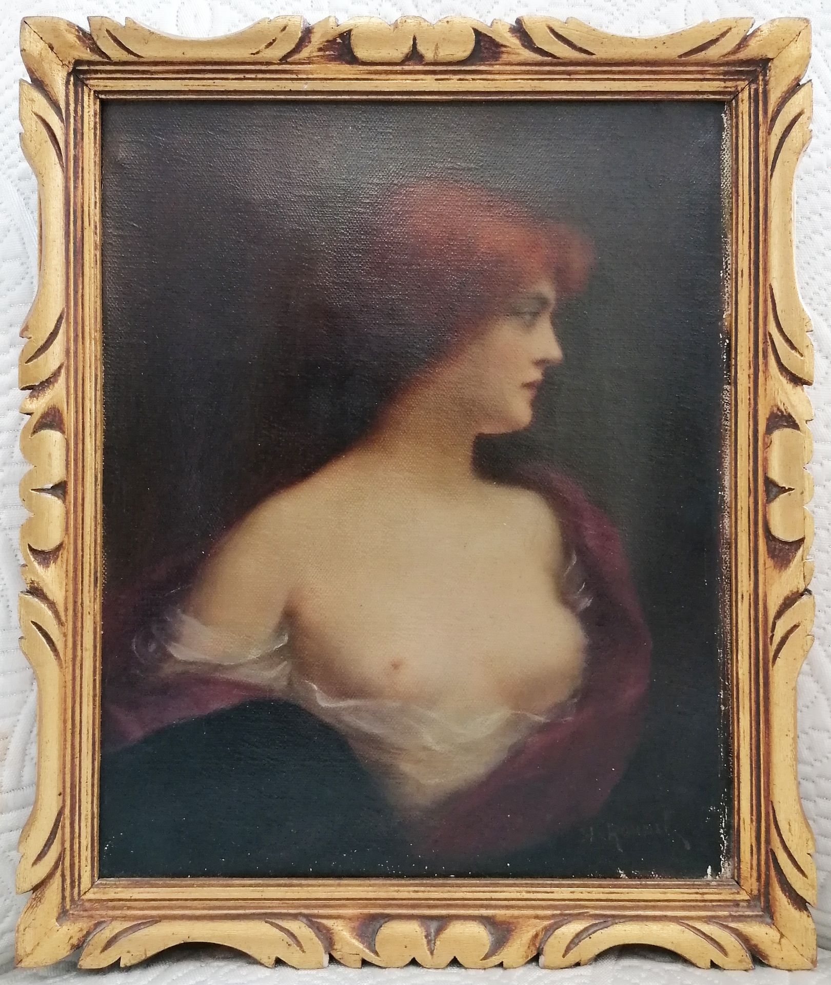 Null 让-雅克-亨纳（1829-1905）的风格
一个裸体女人的肖像。
布面油画。
尺寸：24 x 19,3厘米。
(小部分缺失）。
