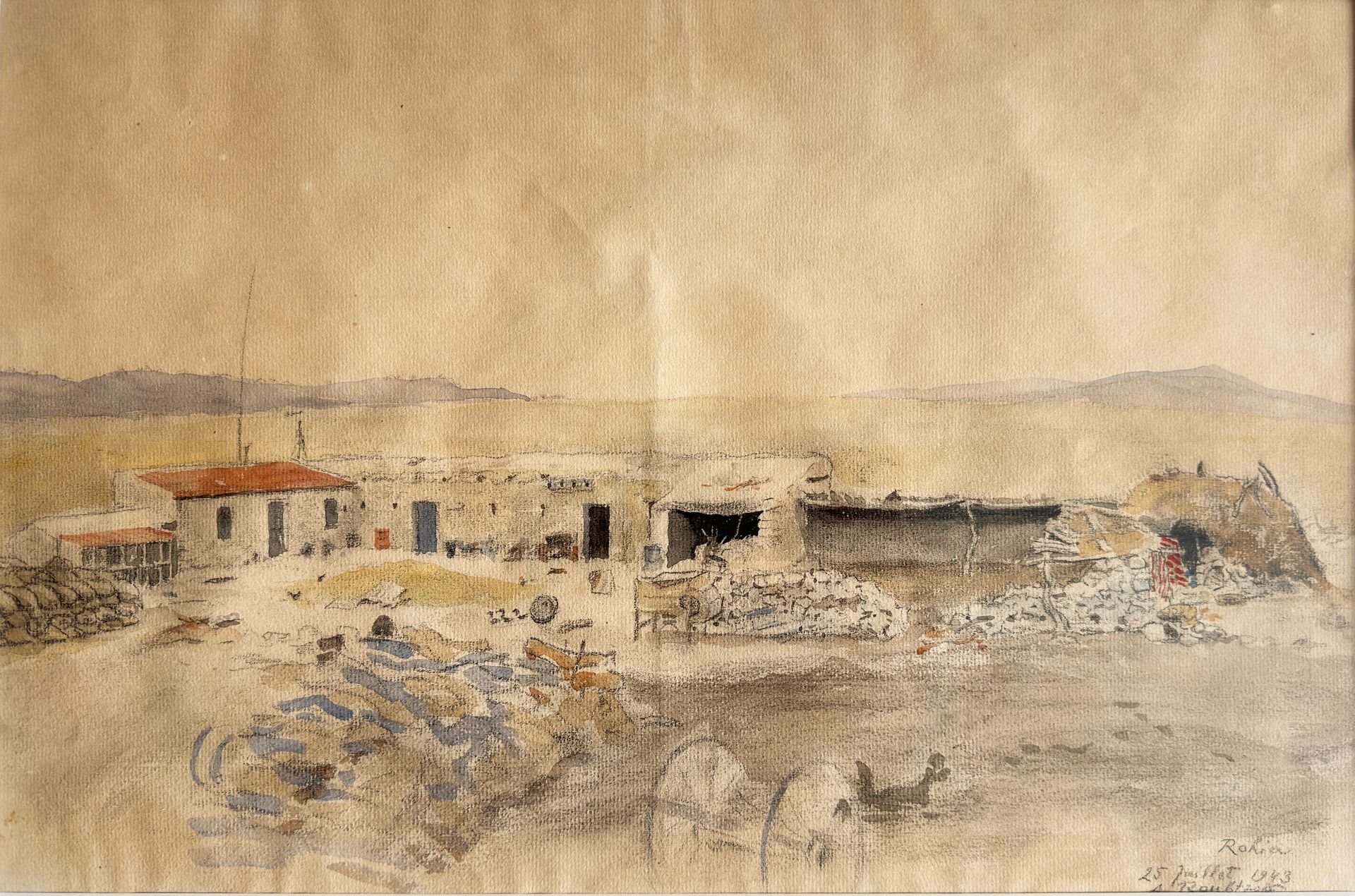 Null 亚历山大-鲁布佐夫（圣彼得堡，1884 年 - 突尼斯，1949 年）
罗希亚风景（1943 年）
纸面水彩和木炭，右下方有签名、年代和局部标注 "R&hellip;