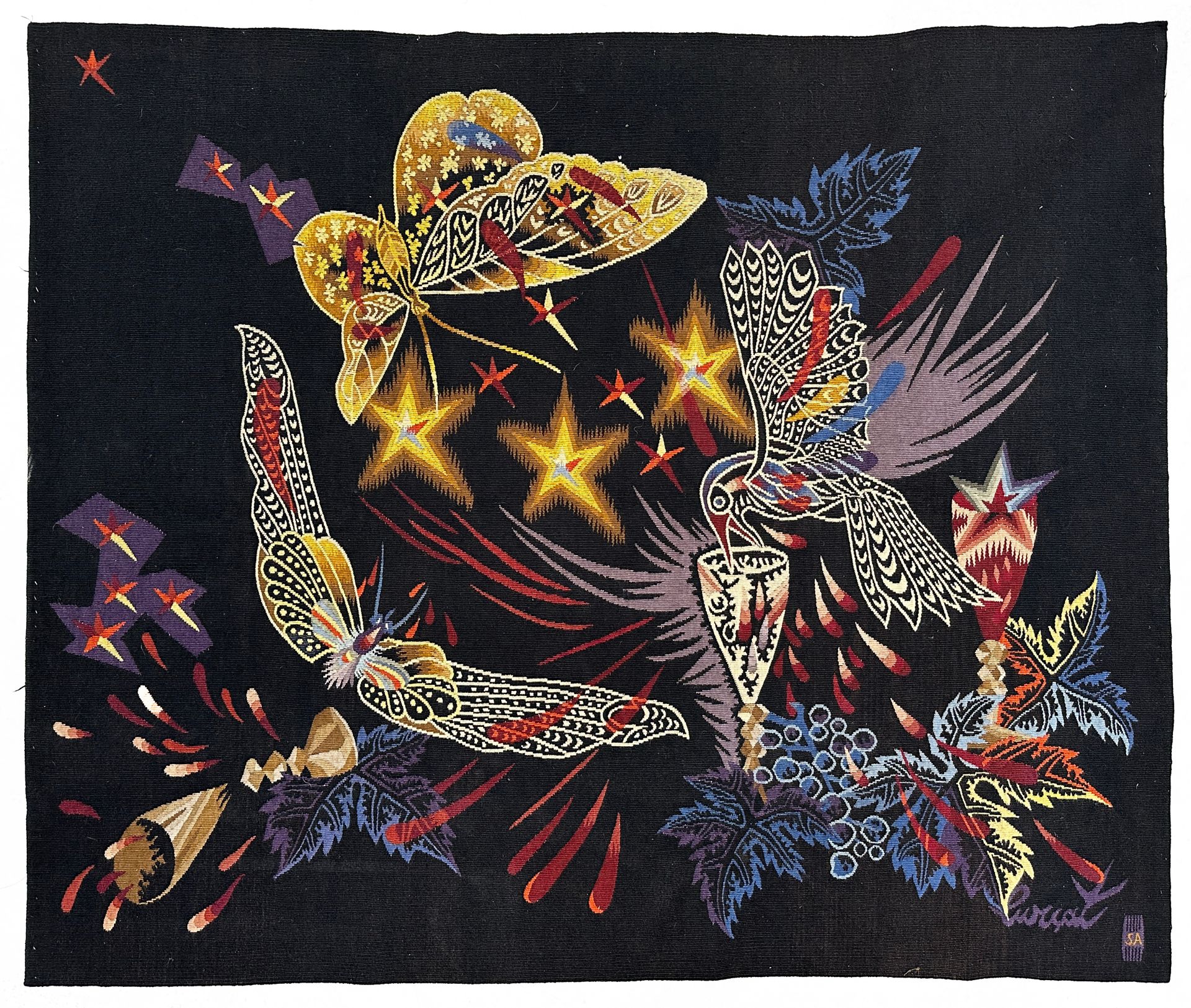 Null 让-卢尔卡特（根据西蒙娜-安德烈-佩列坦（织工）的纸盒设计）
"葡萄和鸟
彩色羊毛挂毯
尺寸：110 x 130 厘米