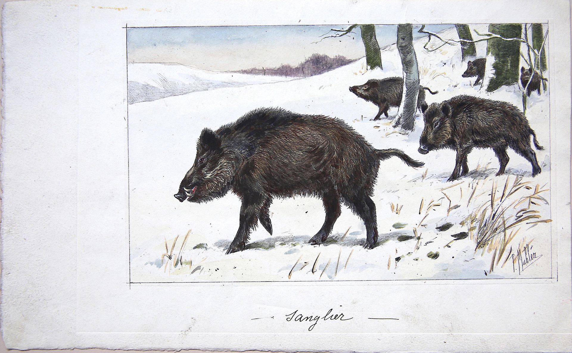 Null 
Eugène LELIEPVRE ( 1908 - 2013).
"Hofjagd auf Wildschweine".
Gouache, unte&hellip;