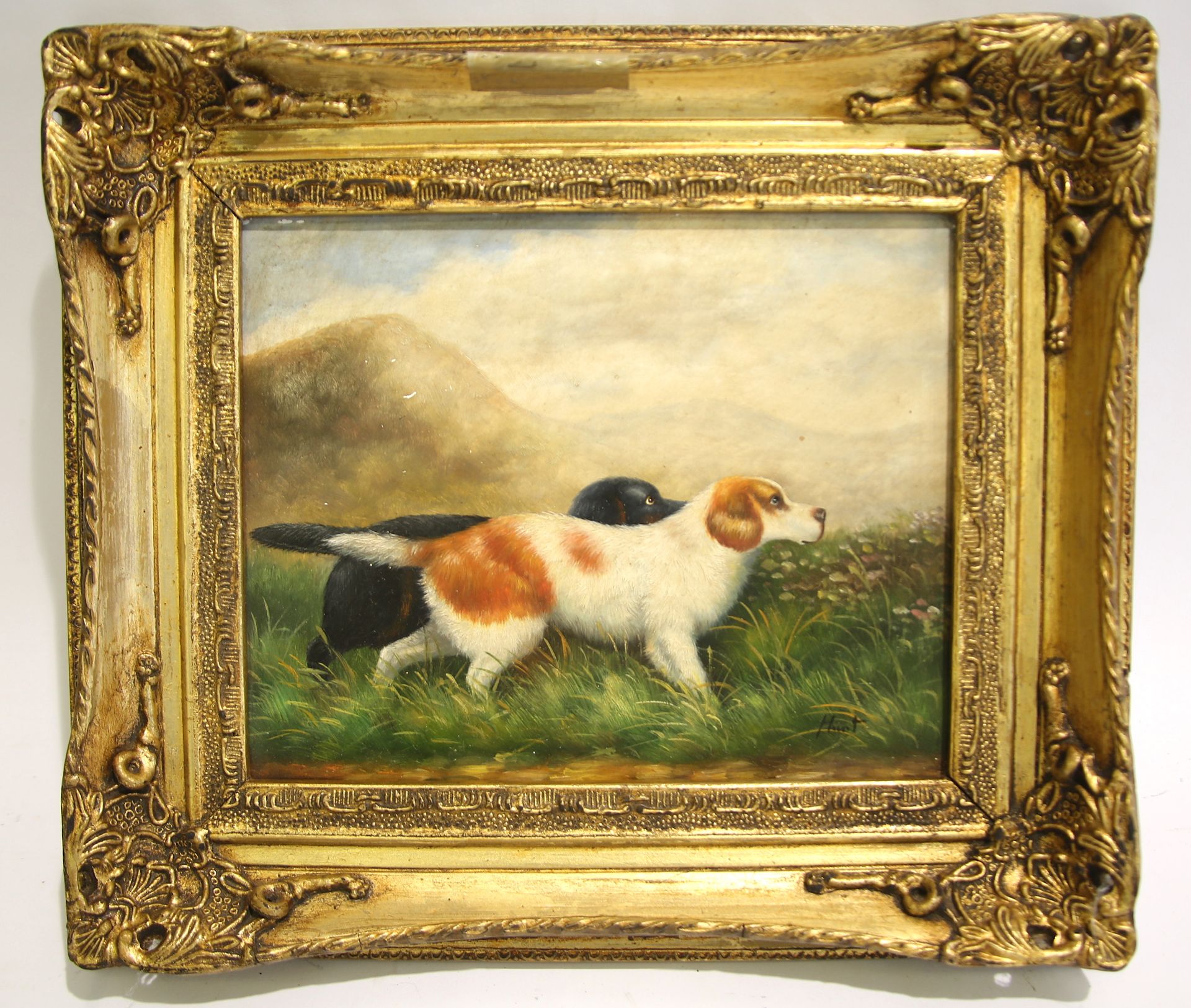 Null 
戴上HUNT的叹息

"两条猎狗"。

油画，右下角有签名

尺寸：19,5 x 25 cm

(左上角有三个小的油漆缺口)。