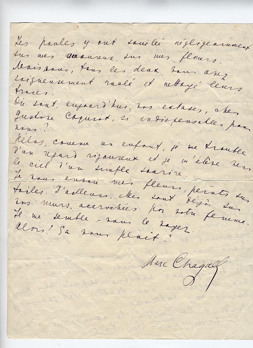 CHAGALL Marc 马克-夏加尔写给古斯塔夫-库吉奥的亲笔信，是在这位艺术评论家去世之际写的悼词，共两页。
"战争期间，门房把我的画放在了后院。母鸡不小心&hellip;