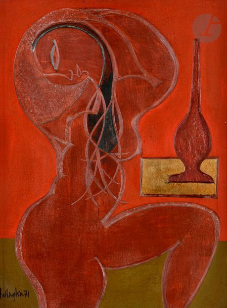 Null *Ali BELLAGHA (1924-2006)
Nu au vase, 1971
Bois sculpté en bas-relief et pe&hellip;