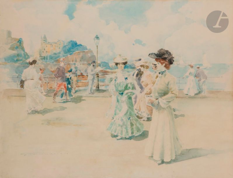 Null école française vers 1900
La promenade à Biarritz
Aquarelle.
Porte une sign&hellip;