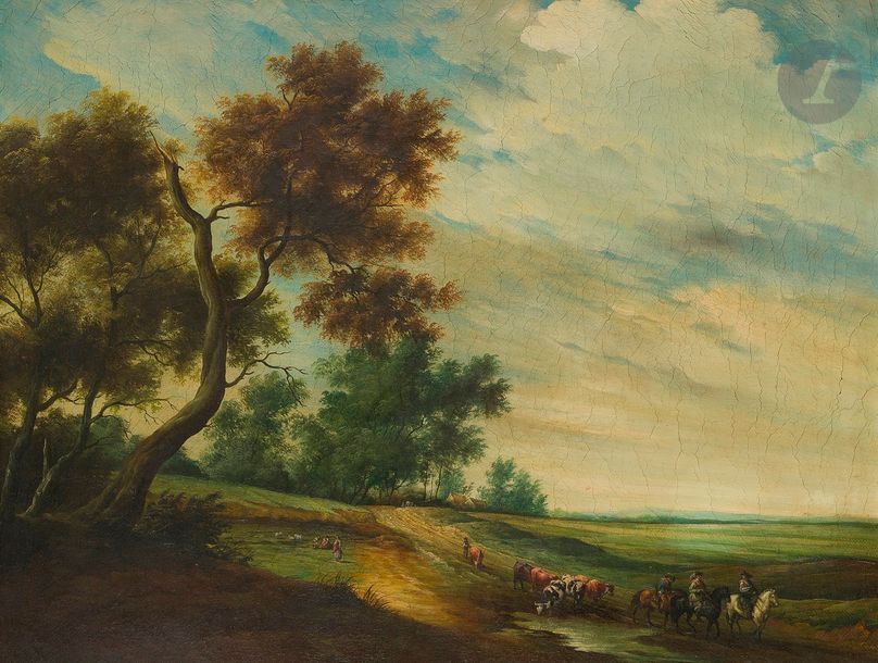 Null École du XIXe siècle
Paysage animé de bergères, cavaliers et vaches
Toile
4&hellip;