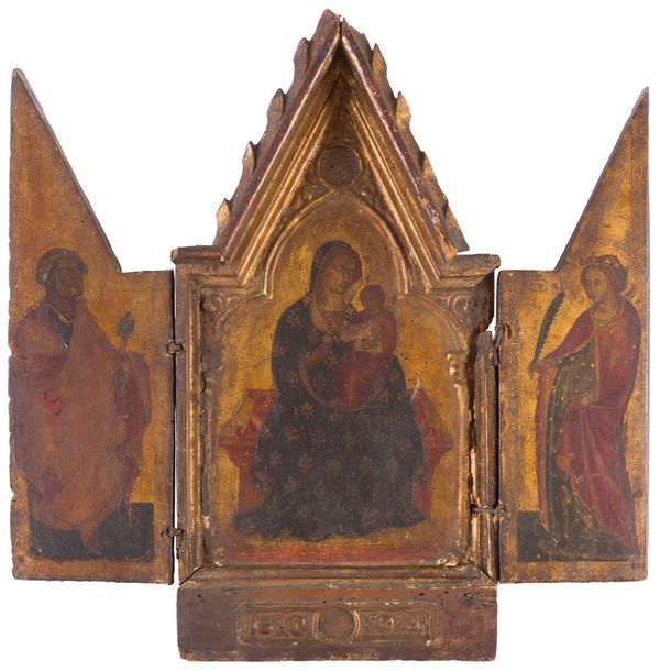 Null École OMBRIENNE 约1380年
金色背景上的圣母和孩子，在圣彼得和圣凯瑟琳之间
 （彩绘板的背面）。
三幅板块组成三联画。
古代修复。
&hellip;