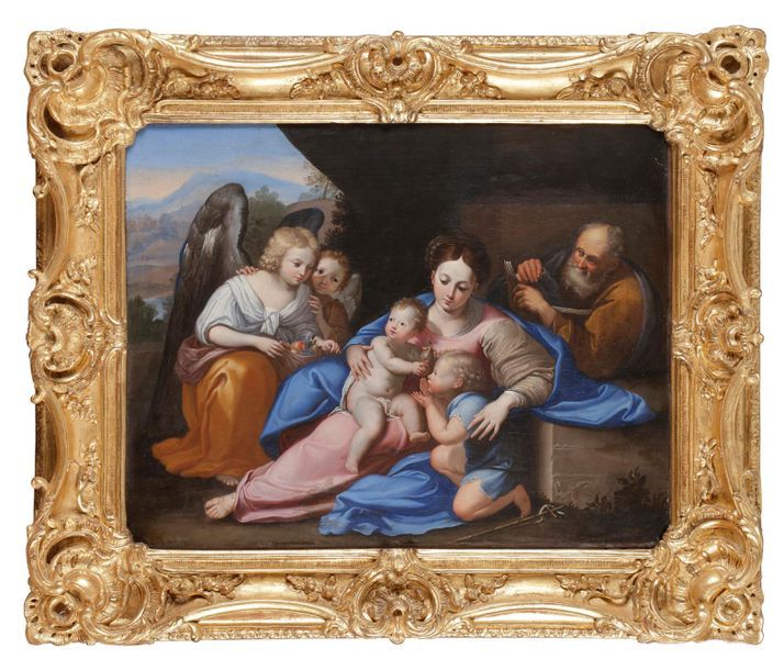 Null 十七世纪的博洛尼亚学派
《圣家与施洗者圣约翰和两位天使》
画布。
古代修复。
52 x 65 cm。