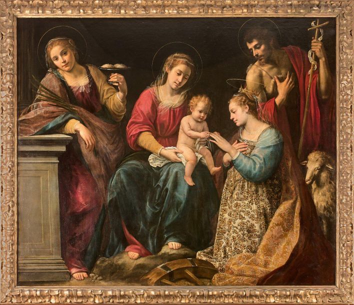 Null Giuseppe VERMIGLIO (1585 - 1635)
圣阿加莎和施洗者圣约翰之间的圣凯瑟琳的神秘婚姻
画布。
古代修复。
170 x 19&hellip;