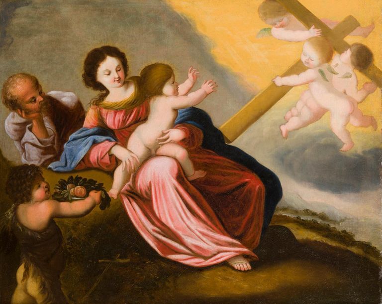 Null 归属皮埃尔-布雷比埃特(Pierre BREBIETTE)(约1598年-1650年)
圣家和施洗者圣约翰，周围是背着十字架的天使
画布。
旧的修复。&hellip;