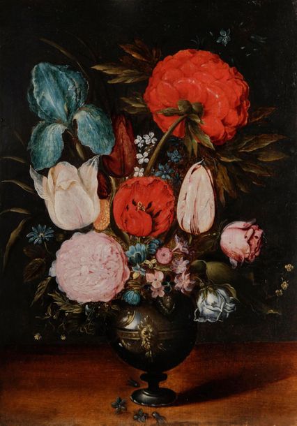 Null 
学校 ANVERSOISE 约1620-1630年。


花束，郁金香和康乃馨

橡木板，单板，不是镶木板。

37 x 26 cm.