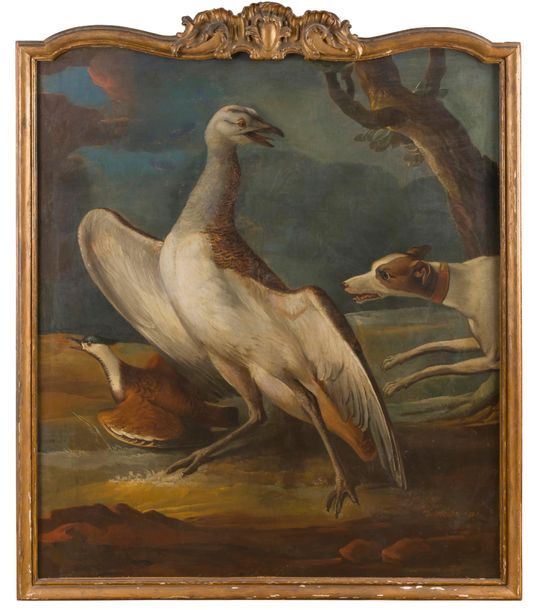 Null 18世纪德国学派，Aert SCHOUMAN的追随者
鹭鸟和鸟类
一对油画。
古代修复。
其中一幅右下角有签名：Delcloche P.
116 x &hellip;