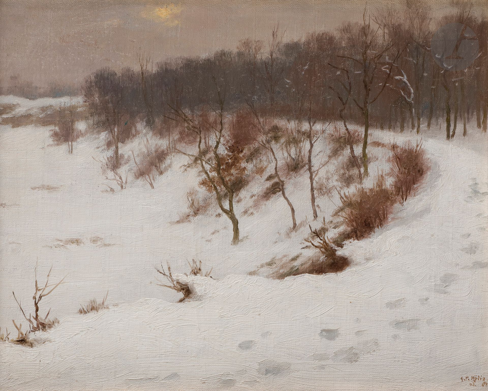 Null 乔治-弗雷德里克-罗蒂格（1873-1961）
《雪地小径上的痕迹》，1907年
布面油画

。
 
 
右下方有签名和日期。
20.5 x 25.5&hellip;