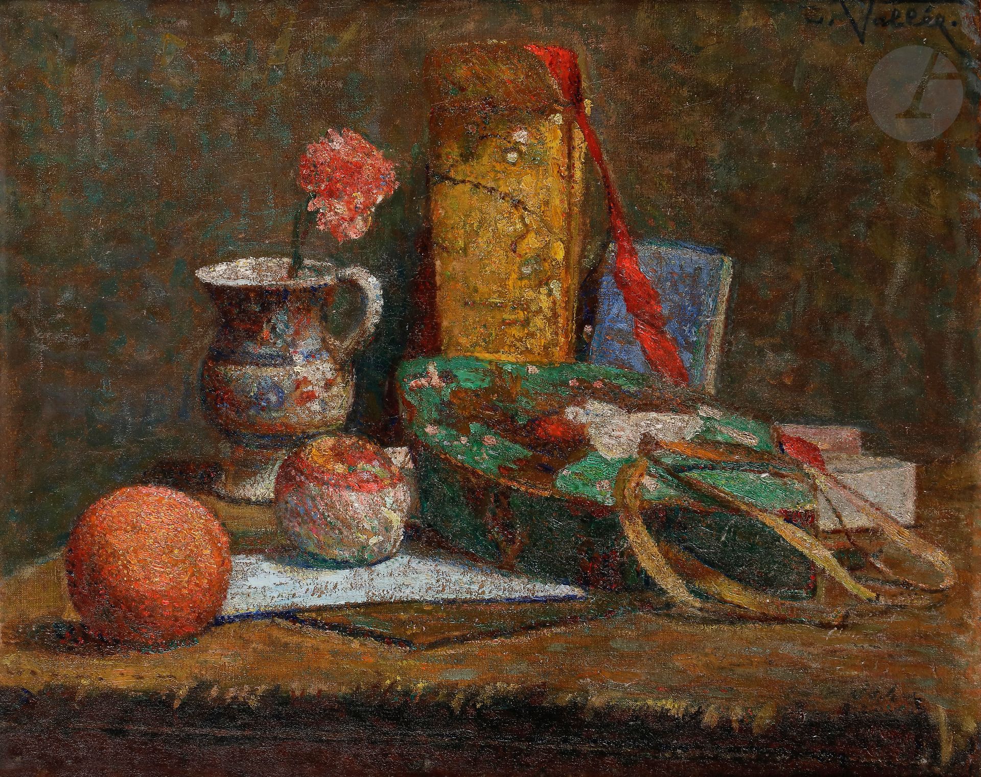 Null Ludovic VALLÉE (1864-1939)
静物与日本物件，约1900年
布面油画

。
 
 
右上方有签名。
(小修)。
33 x 41&hellip;