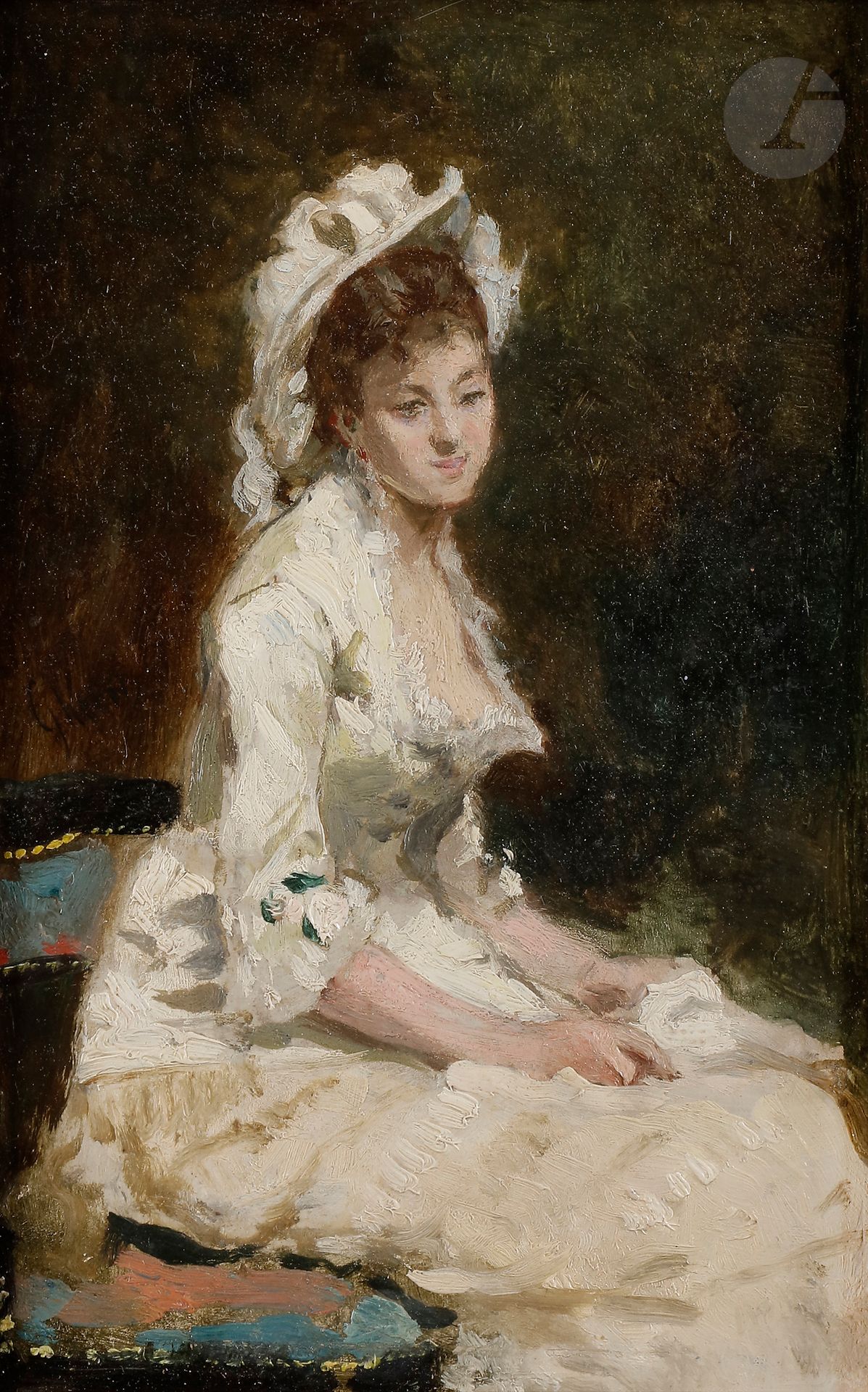 Null Jules CHÉRET (1836-1932)
穿白裙的年轻女子
油画

。
 
 
左边有签名，
23,5 x 15,5 cm
。