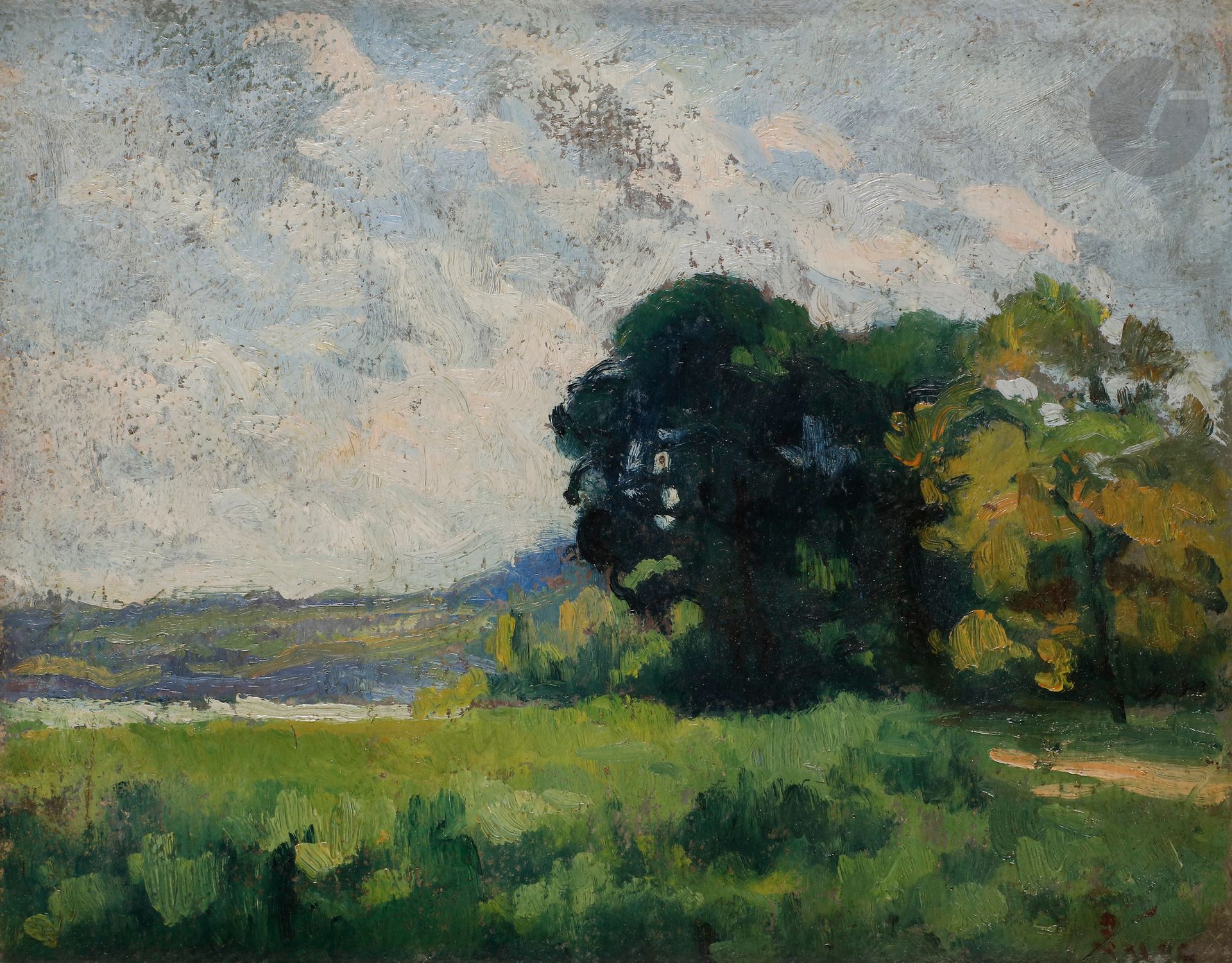 Null 马克西米利安-卢斯(1858-1941)
《罗勒布瓦兹周围的风景
》
 
油彩纸粘贴在裱好的等轴上

。
 
 
右下角有签名。
中间有钉孔）。
27&hellip;