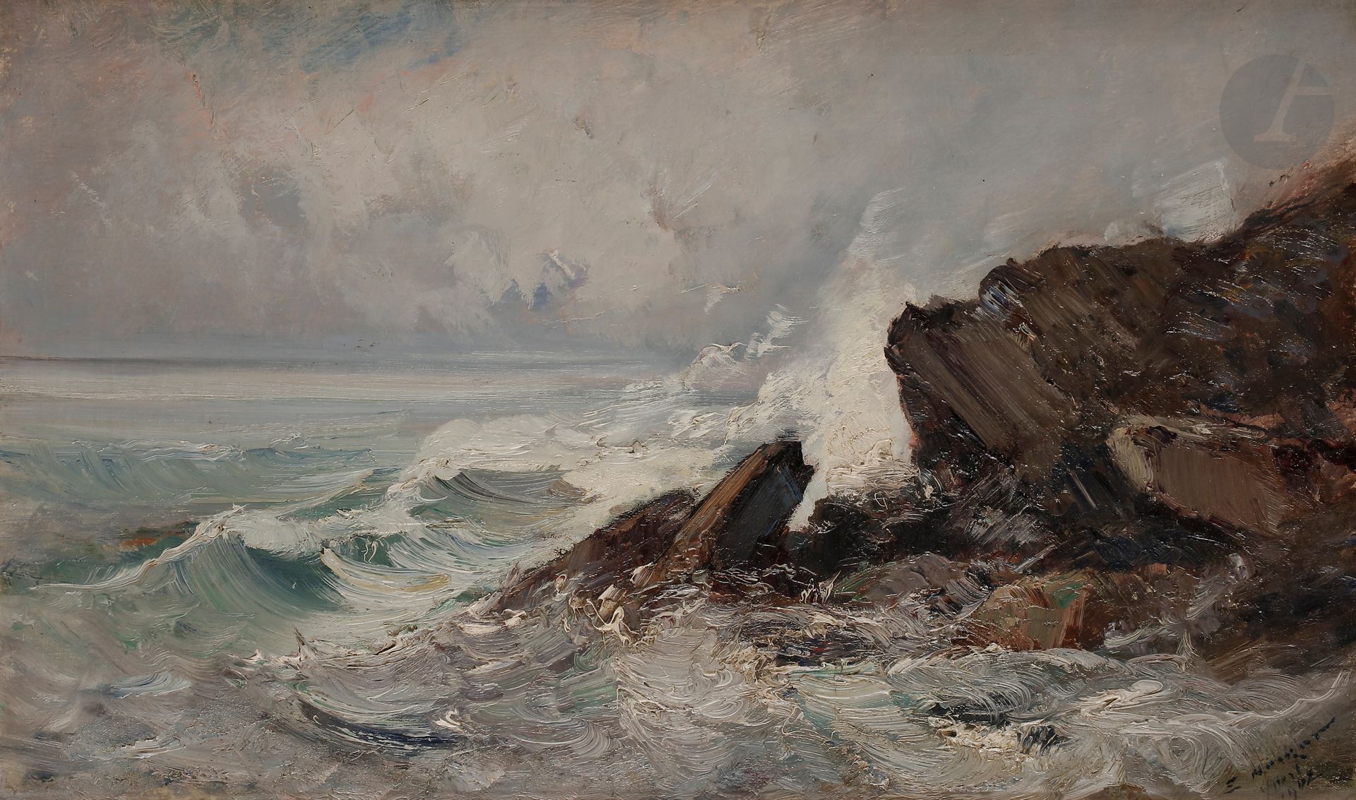 Null Émile NOIROT (1853-1922) 
Mer agitée à Yport, 1902 
Huile sur toile. 
Signé&hellip;