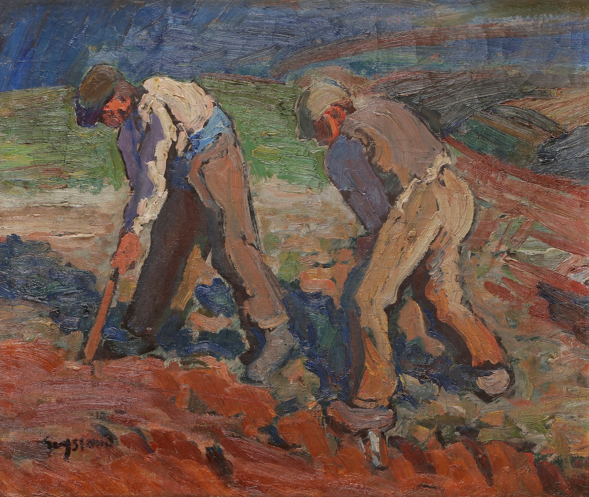 Null 勒内-塞索(1867-1952)
，约1895年在奥松河畔维勒工作的农民，油彩
画布，剪贴

。


左下角有签名。
41 x 49 cm我们
要

&hellip;
