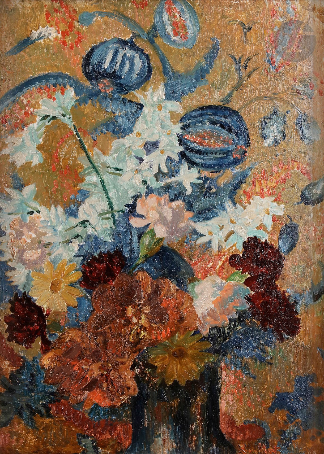 Null René PIOT (1869-1934) 
Bouquet de fleurs 
Huile sur panneau. 
Signée en bas&hellip;