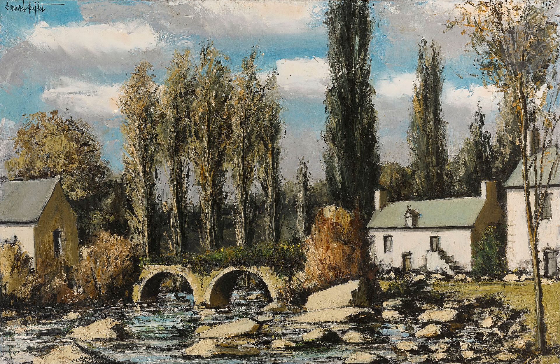 Null Bernard BUFFET (1928-1999
)Baud，Baud桥和磨坊，1975
布上

油画。


左上角有签名。
日期在右上方。
画布背&hellip;