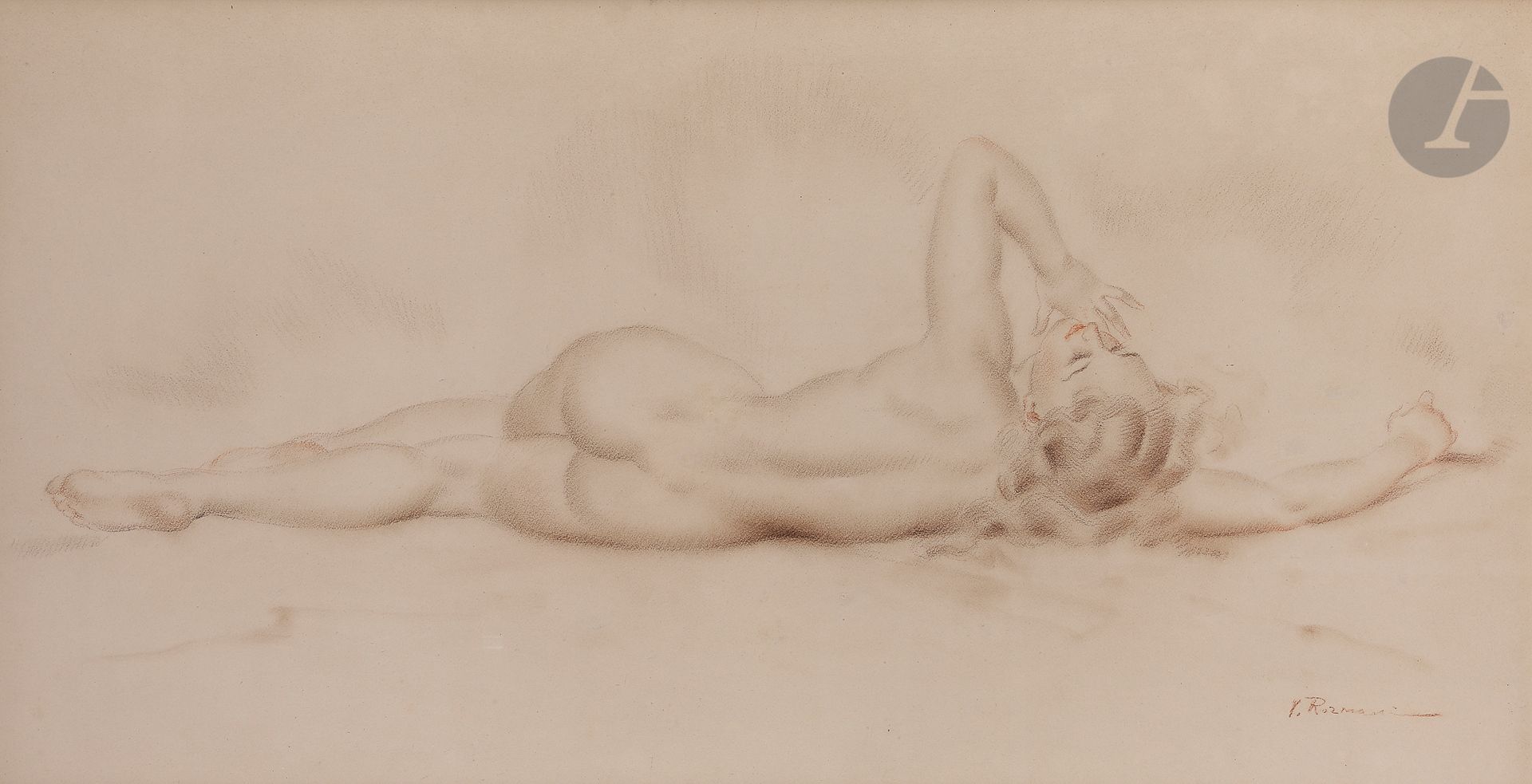 Null Vladimir Afanasyevich ROZMAINSKI (1885-1943) 仰卧的
裸体，肘部
抬起彩色铅笔。

53.5 x 100 &hellip;