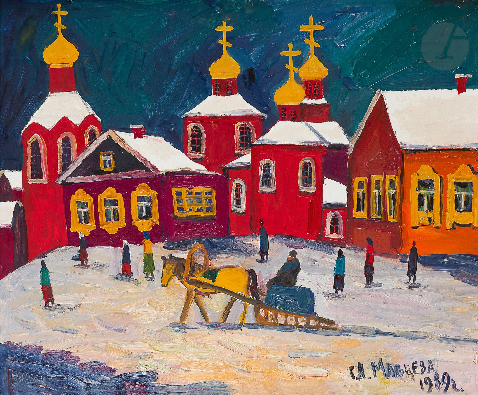Null Galina Alexandrovna MALTSEVA
(1940-1997)
繁忙城市的景色，1989
年板上
油画
。
右下方有签名和日期。
4&hellip;