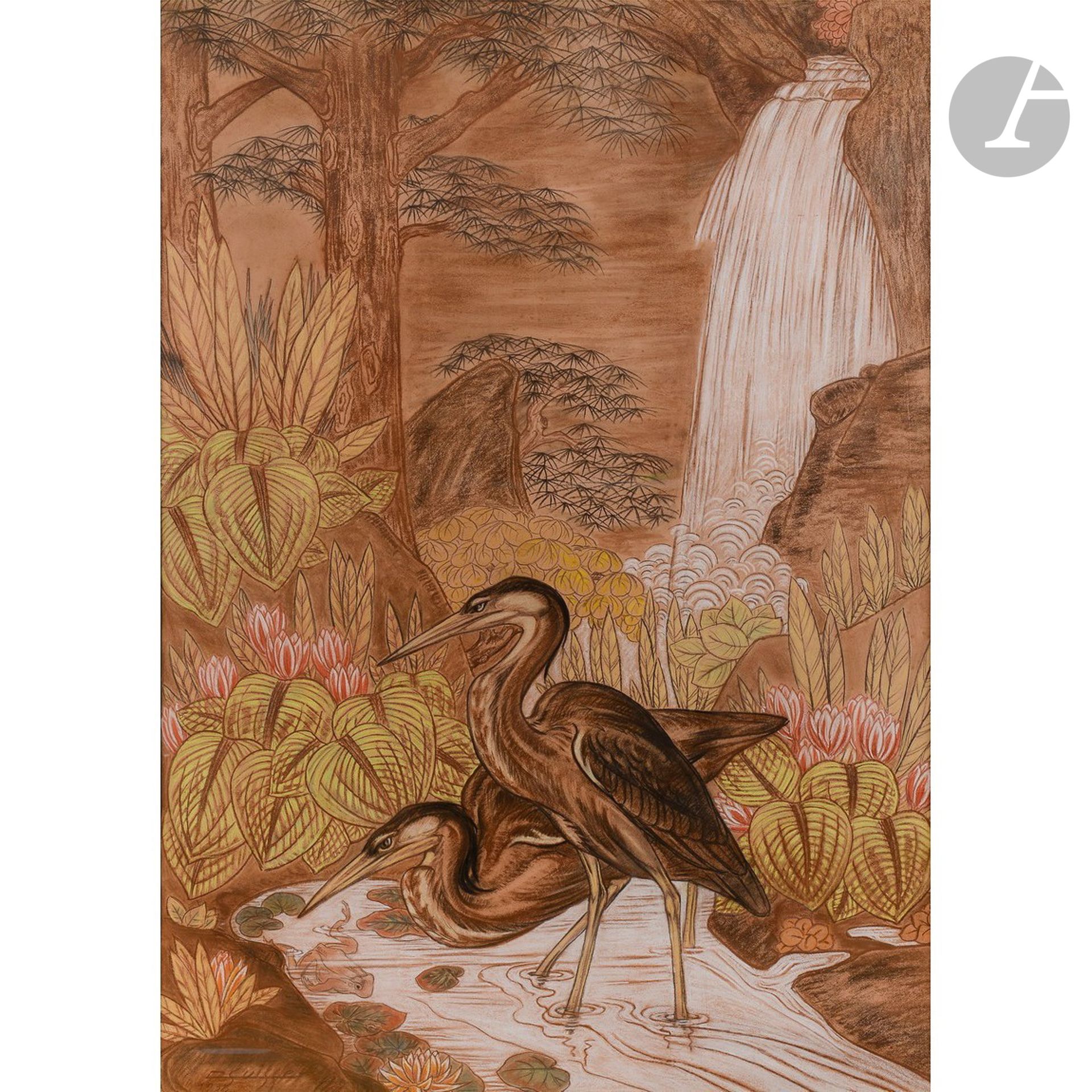 Null GASTON SUISSE (1896-1988
)在瀑布下捕鱼的苍鹭，
1935年

油画
铅笔
，木炭和粉彩画
在玻璃下
出售
，有玛丽-路易丝和&hellip;