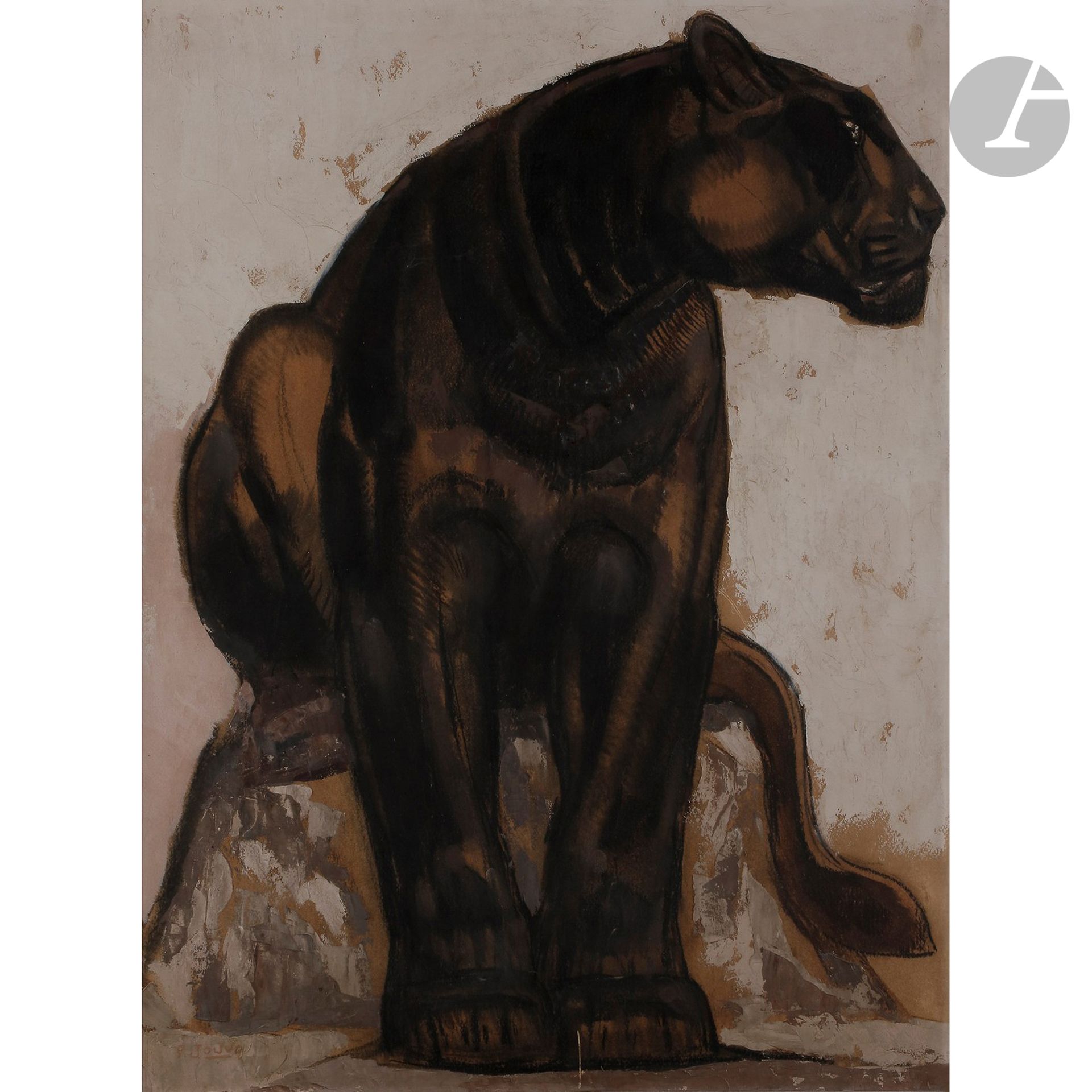Null 
保罗-茹夫 (1878-1973)

坐着的黑豹；正面，头部转向，约1935年

纸上油彩和印度墨水粘贴在纸板上。

左下方有签名P. JOUVE。&hellip;