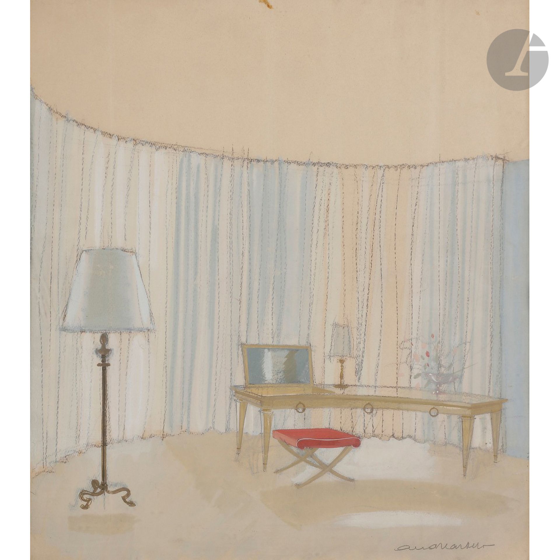 Null ANDRÉ ARBUS (1903-1969
)1948年为R.先生的房产装修所做的2个装饰项目纸
上

铅笔线

的
水粉画
。


每件作品的中心&hellip;