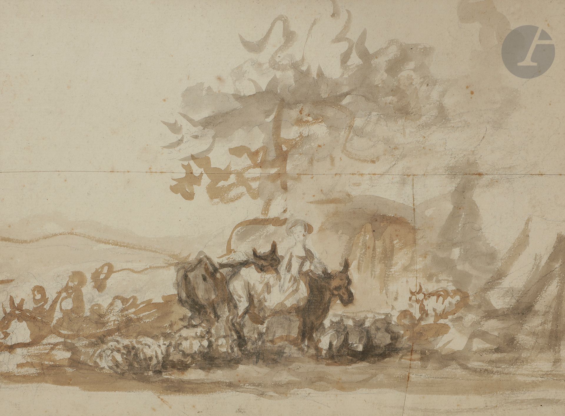 Null FRAGONARD
(1732年格拉斯-1806年巴黎)
Paysanne et son troupeauLavis
brun et lavis gr&hellip;