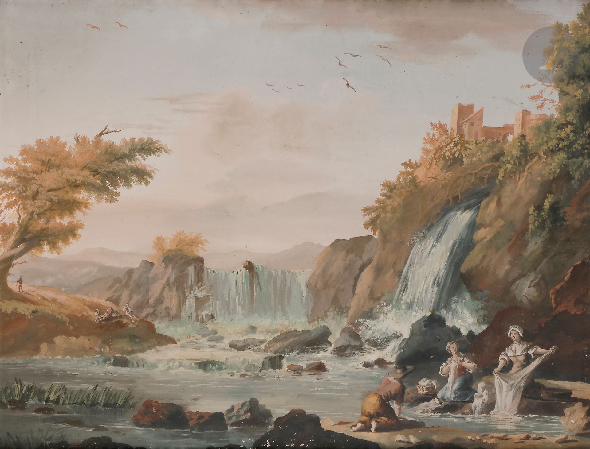Null 18
世纪
的法国学派
Cascade
景观
与洗衣女工，1785年水粉画
。
注释Bertulus pinxit 1785左下角。
(少量碎片)
5&hellip;