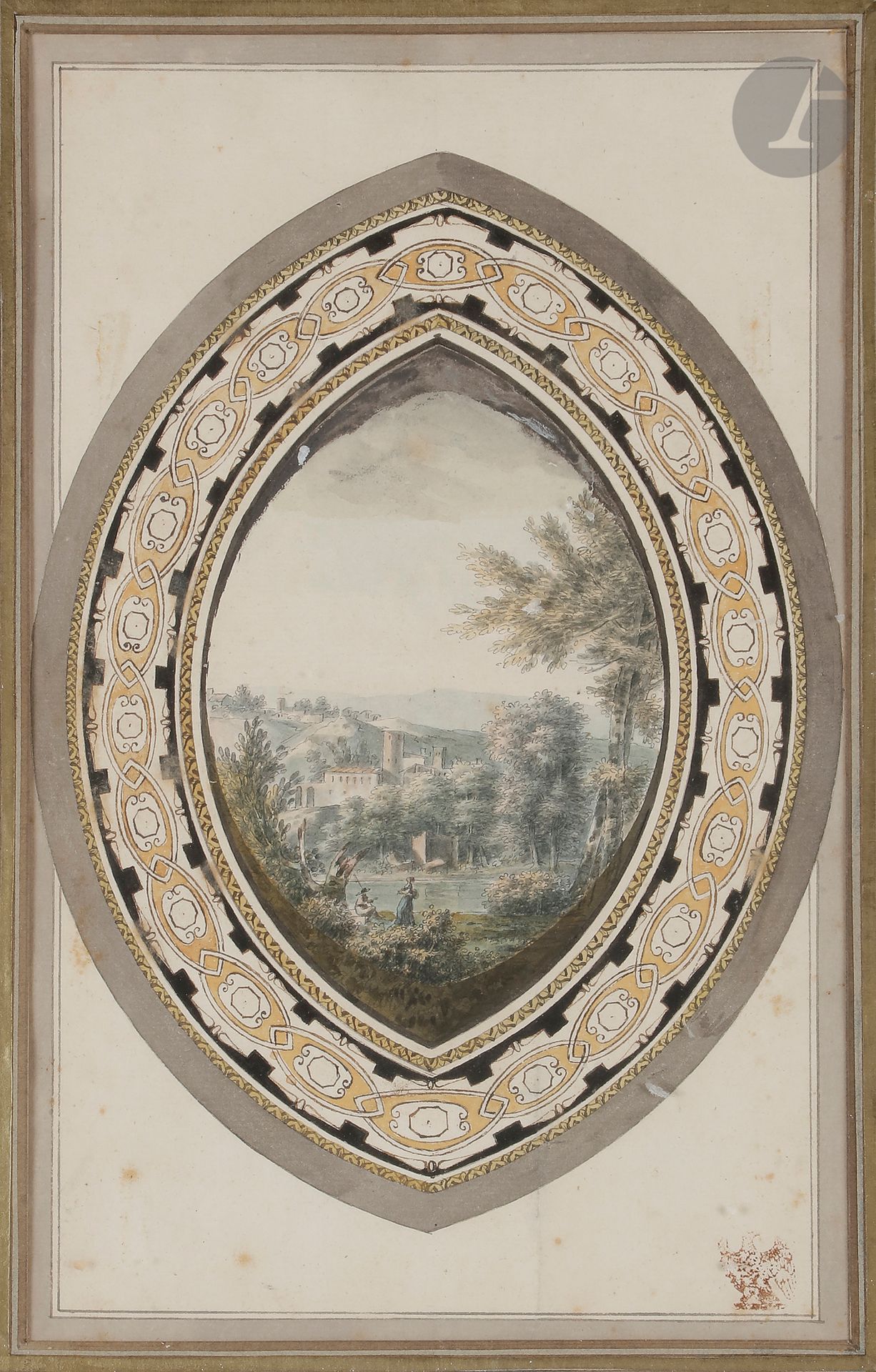 Null école française vers 1800
Paysage animé
Aquarelle de forme ovale.
Sur un mo&hellip;