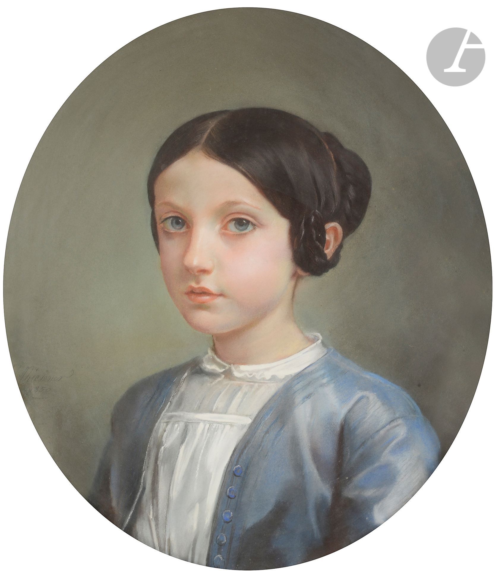 Null Léon RIESENER (1808年巴黎-1878年巴黎
)少女肖像，半身像，面朝右Pastel
，

椭圆形

。


左下角有签名和年代 18&hellip;