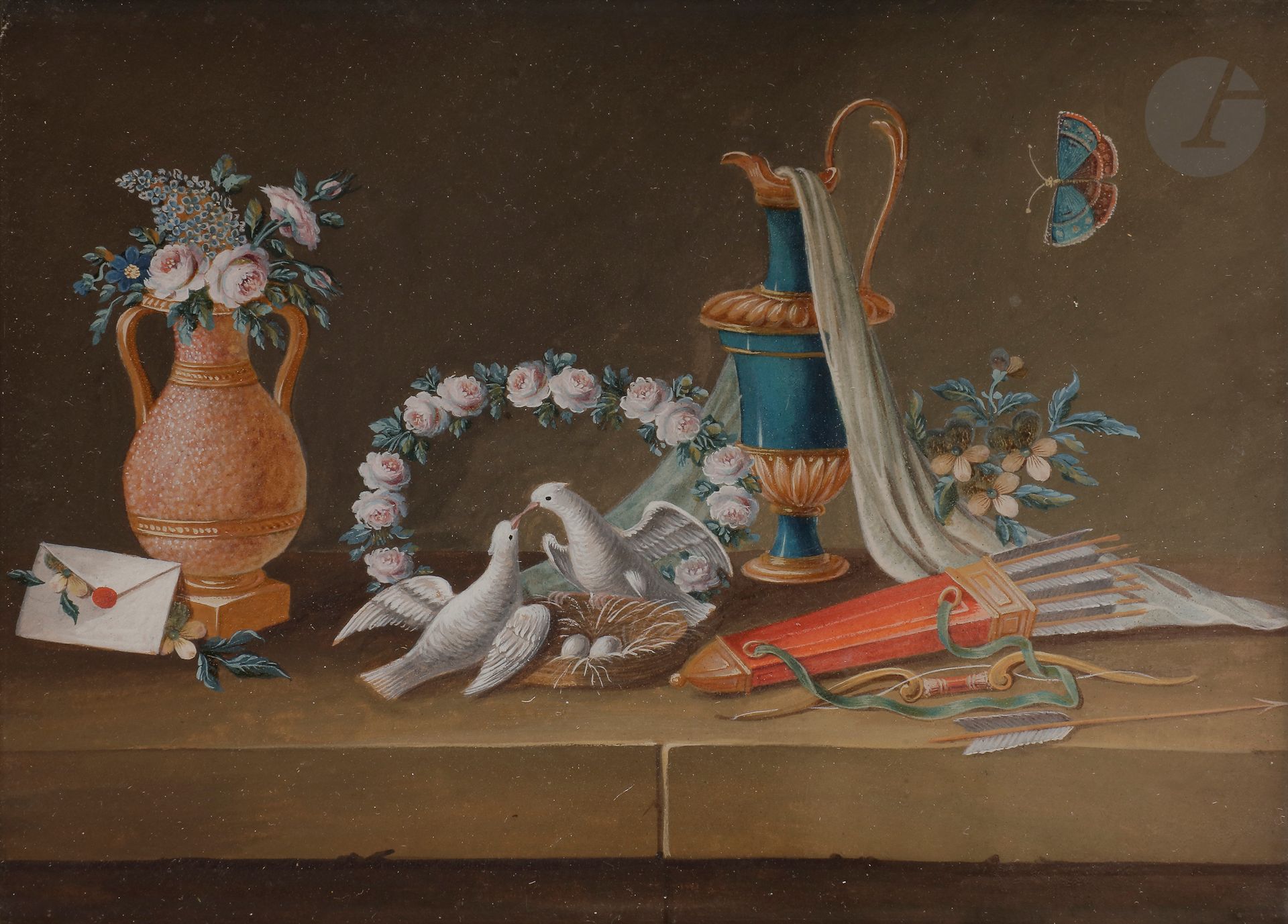 Null LELONG(19世纪初法国画派
)静物与鸽子水粉
。
15x20厘米