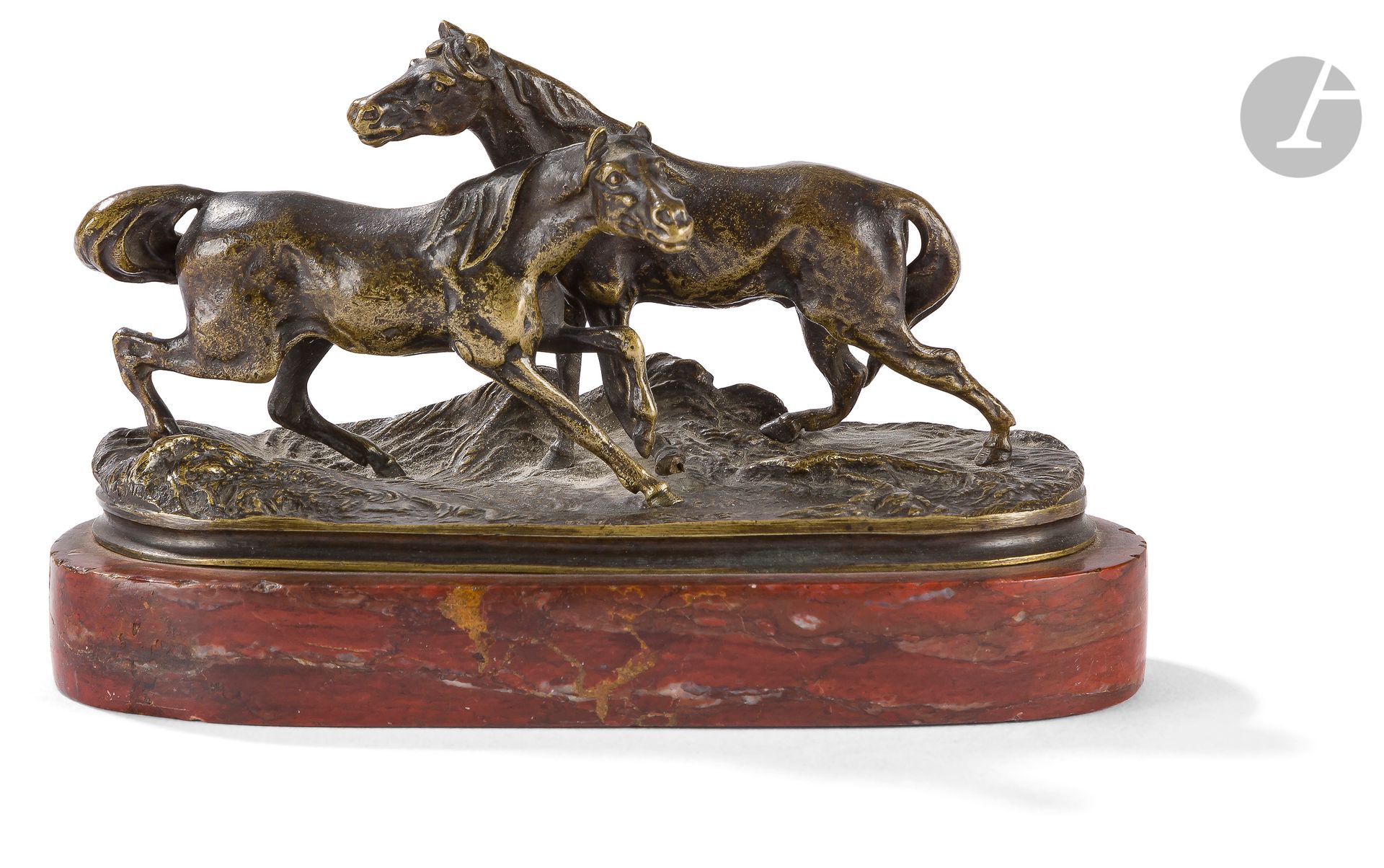 Null 根据Pierre-Jules Mêne (1810 - 1879
)的作品，L'accolade n° 4青铜色
，带有浅棕色

的铜

锈
在平台上&hellip;