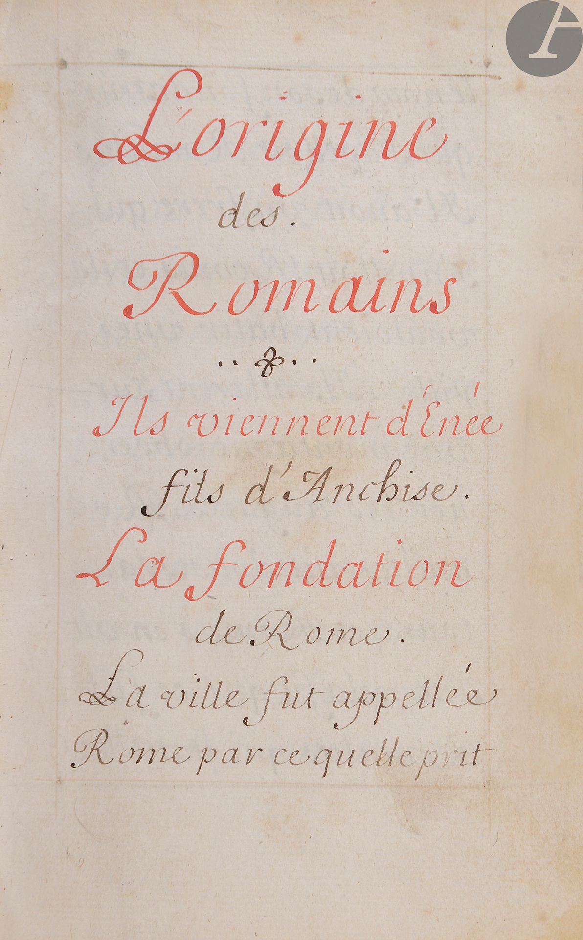 Null [ANTIQUITY]。ROME].罗马人的起源
法语，纸上
手
稿法国
，17世纪93

页



。



前后有一张传单，棕色墨水的草书，红色的&hellip;