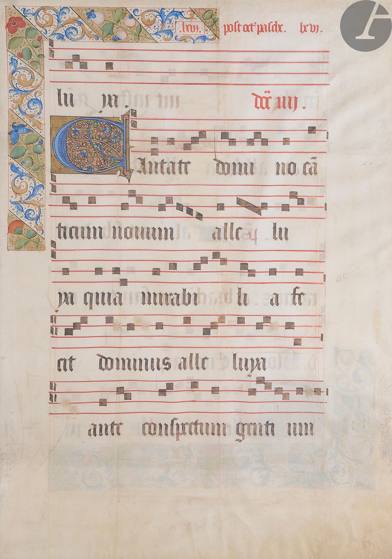 Null ENLUMINATION].
Illuminated manuscript leaf from a large choir book (antipho&hellip;