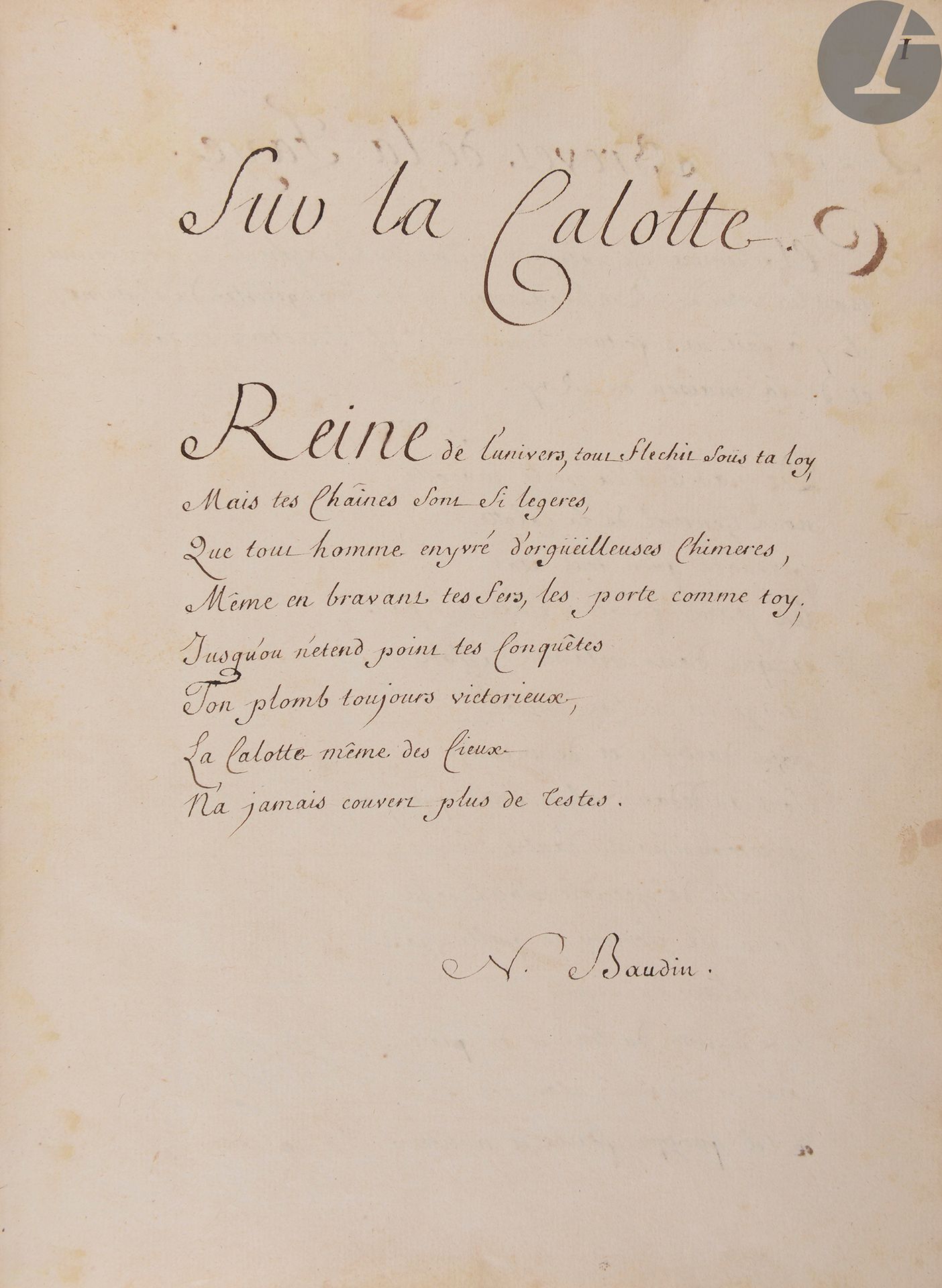 Null [CALOTTE (régiment de la)]. Sur la Calotte.
En français, manuscrit sur papi&hellip;