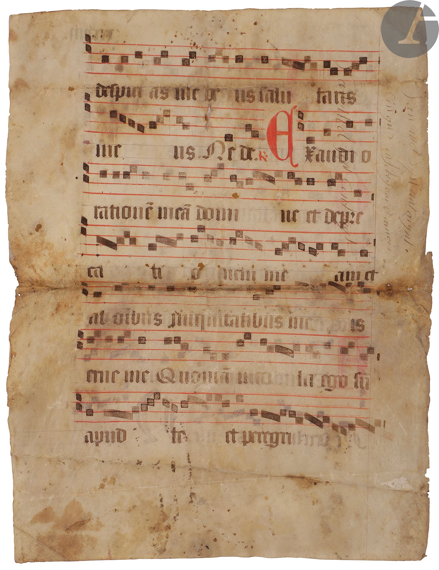 Null [ENLUMINURE].
Feuillet manuscrit décoré extrait d’un antiphonaire 
En latin&hellip;